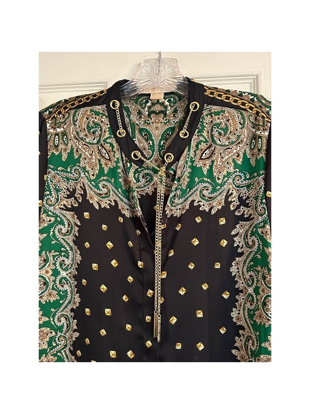 Michael Kors Paisley Shirt Dress Medium Green Navy Gold Chain Midi - Picture 4 of 11